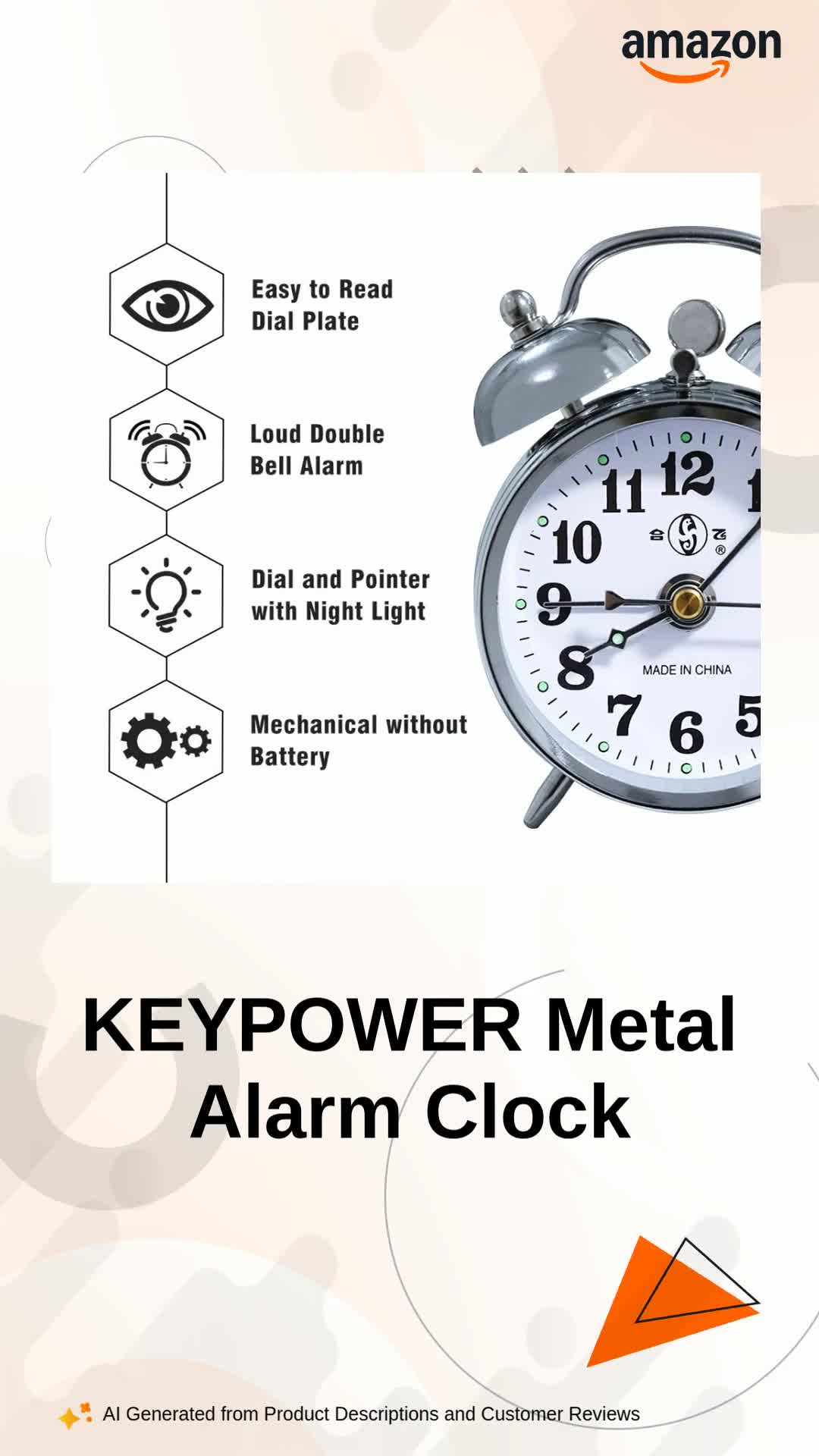 KEYPOWER Metal Analog Alarm Clock Mechanical Wind Twin Bell