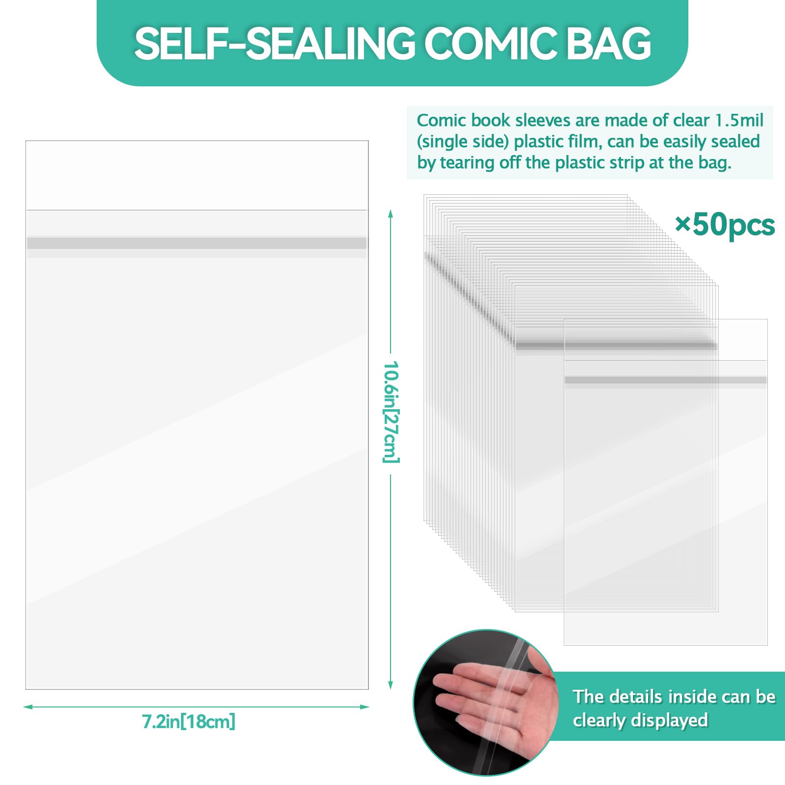50 Pack Resealable Current Size Comic Book Bags, Crystal Clear Self Sealing Comic Sleeves Storage Protection for Regular Comics Magazine Storage, 7.2 X 10.6 Inches