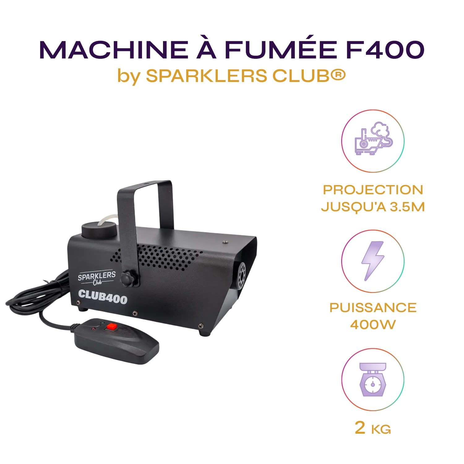 SPARKLERS CLUB Macchina per Fumo 400W con Liquido 1L Incluso – Flusso Potente e Serbatoio 0,3L – Tempo di Riscaldamento Rapido – Compatta e Trasportabile – Ideale per DJ e Feste