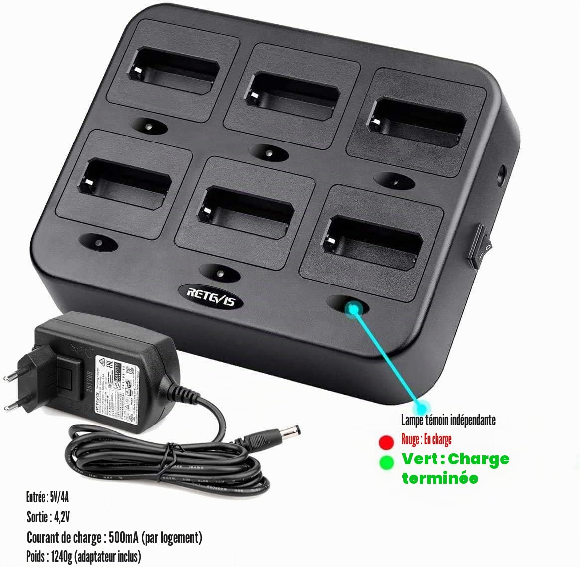 Retevis RT24 Talkie Walkie, Rechargeable Talkies-Walkies avec Chargeur à Six Voie, PMR446 sans Licence 16 Canaux CTCSS/DCS, Talkie Walkie Professionnel pour Sécurité, Chantiers, L'école(6 pcs)