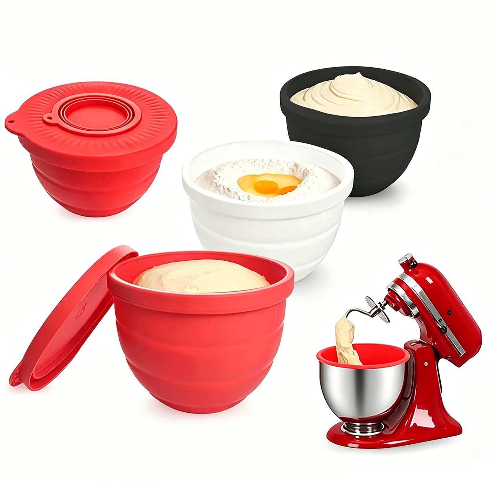 3 silikonowe wkładki z pokrywką, kompatybilne z KitchenAid/Kitchen Aid, miska do mieszania 4,8 l (5 Qt), miska do mieszania z pokrywką