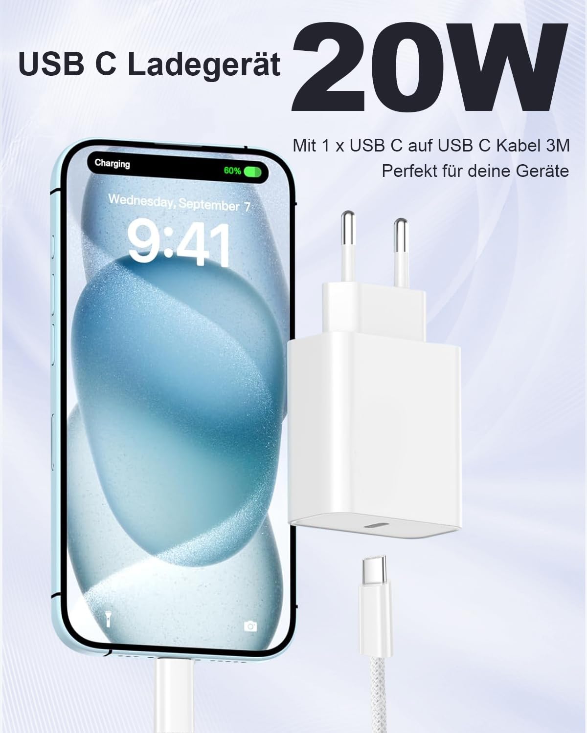 Ładowarka USB C Szybka Ładowarka do iPhone'a 17/Pro Max/17Air,16/16e/15 16 Plus, iPada Air/Mini, ładowarka USB C 20W, Wtyczka ładowarki USBC, Wtyczka ładowarki UsB C, Zasilacz USB c z kablem USBc 3M