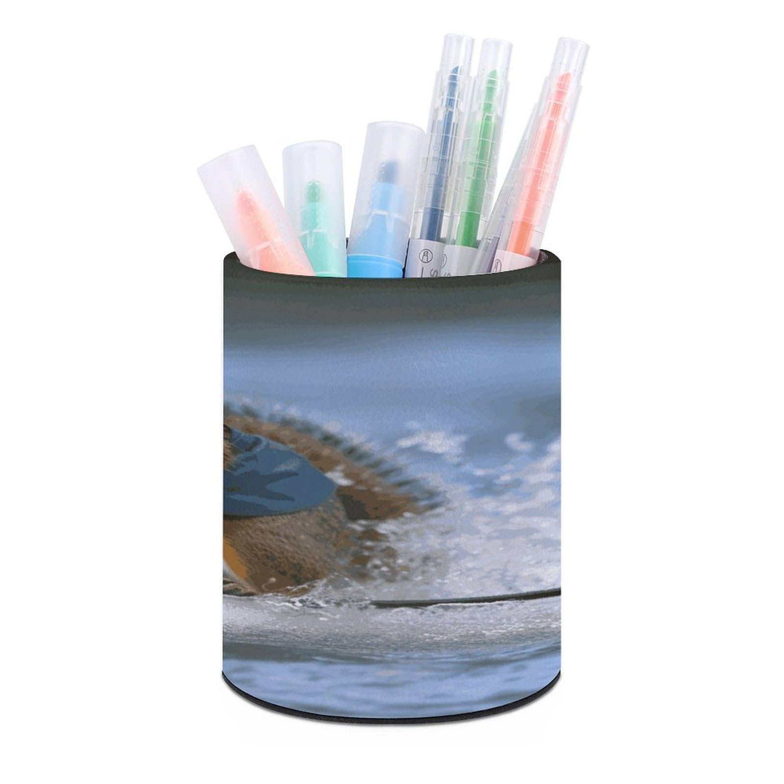 LDGSUPH Water Skiing Squirrel Round Pen Holder Leather Pen Cup Pencil Cup Pen Organizer Pencil Holder for Desk Organizer Pencil Organizers Makeup Brush Holders for Home Office Gift