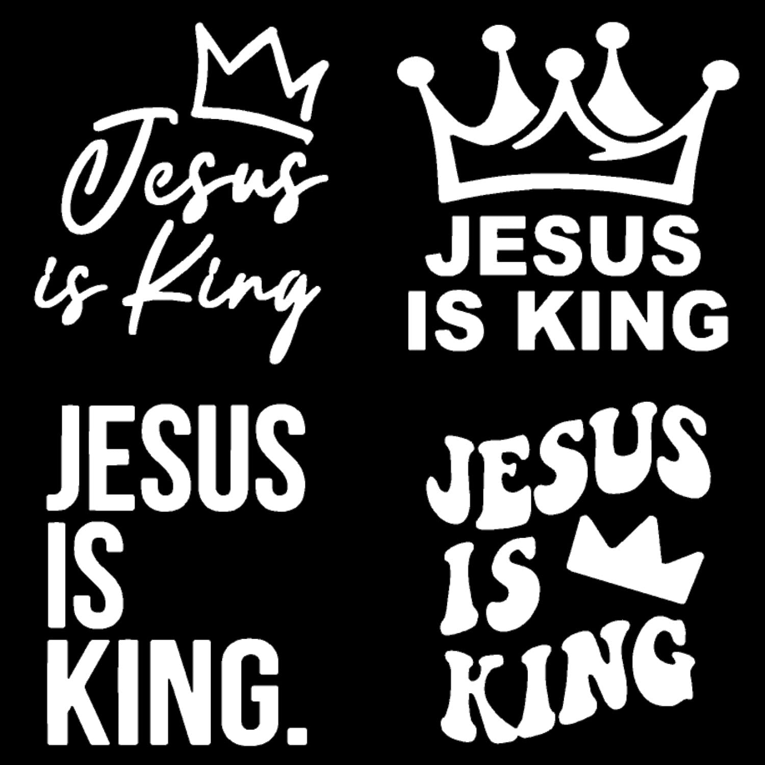 Jesus King Decals 4 Pack: Crown, Cursive, Small White (3.5")