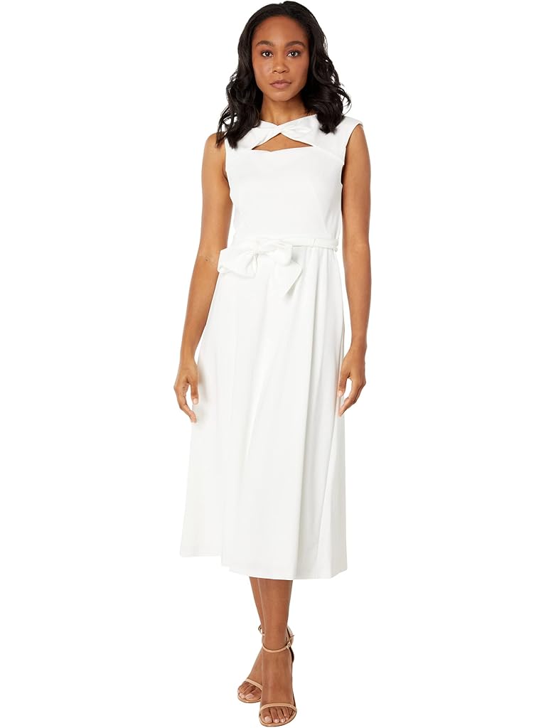 White Calvin Klein Long Scuba Crepe Dress with Waist Tie