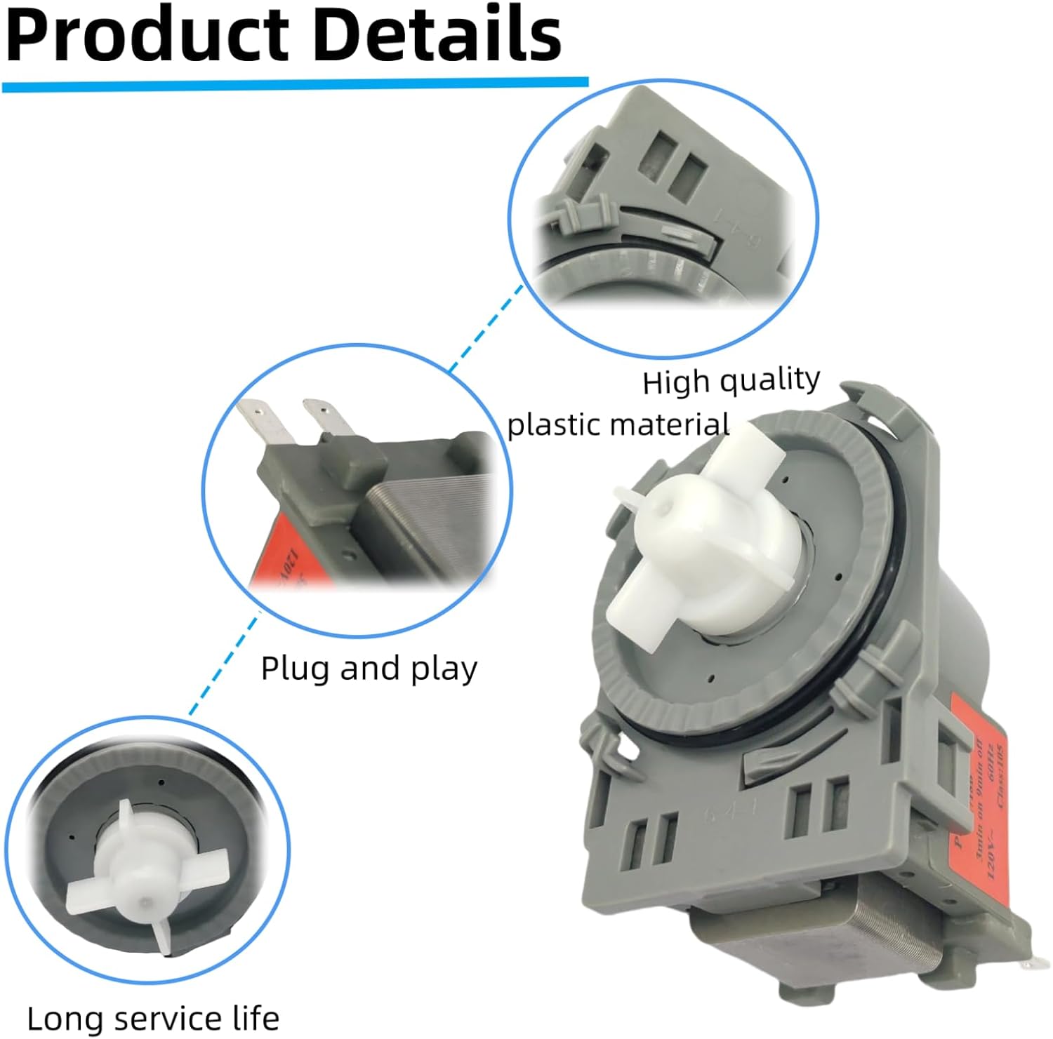 Dishwasher Drain Pump 2718B 120V 60Hz - Compatible with GE WG04F10194 & Midea 11001011000221 - High-Efficiency Motor, Stainless Steel Shaft