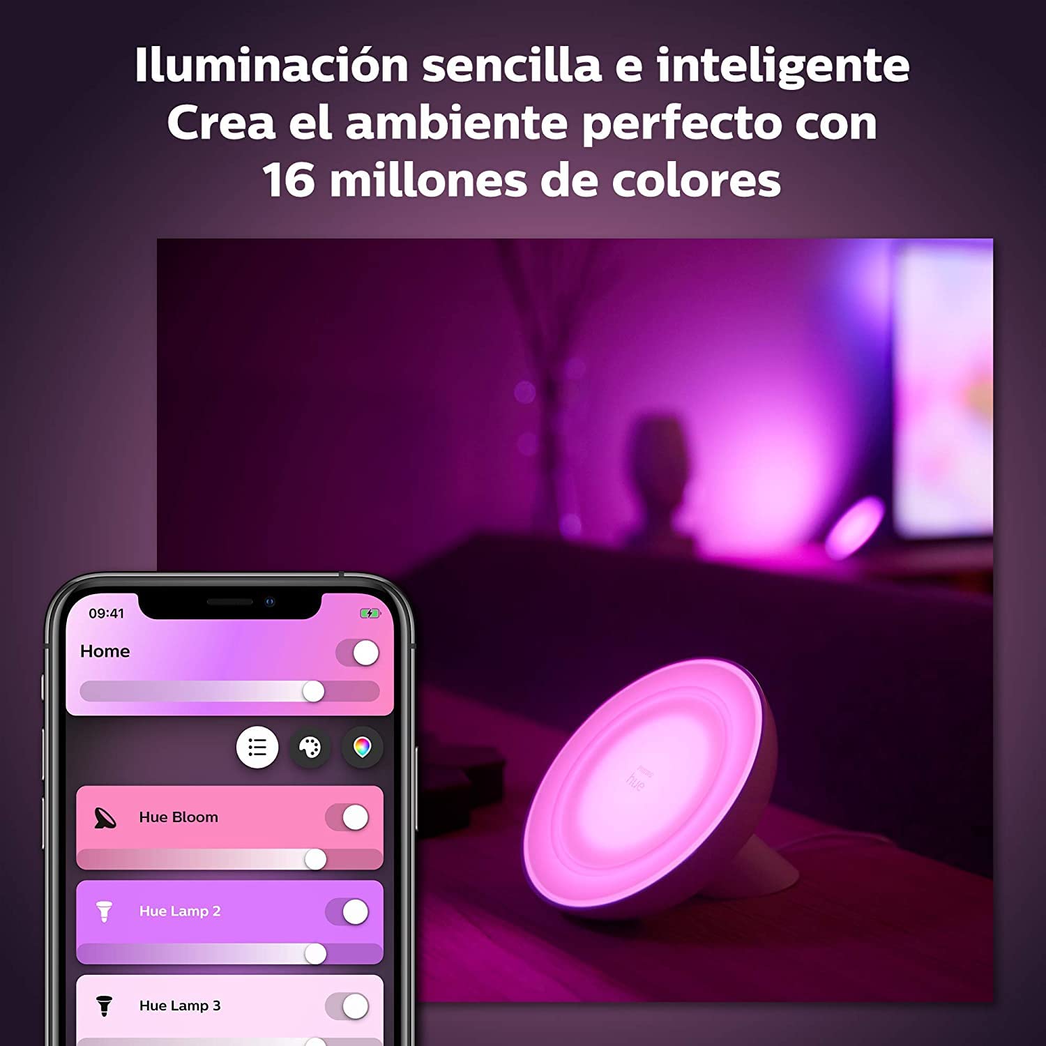 Philips Hue – Lámpara inteligente Hue Bloom, Lámpara de Mesa LED Inteligente, Luz Blanca y de Colores, Compatible con Alexa y Google Home, Color Blanco