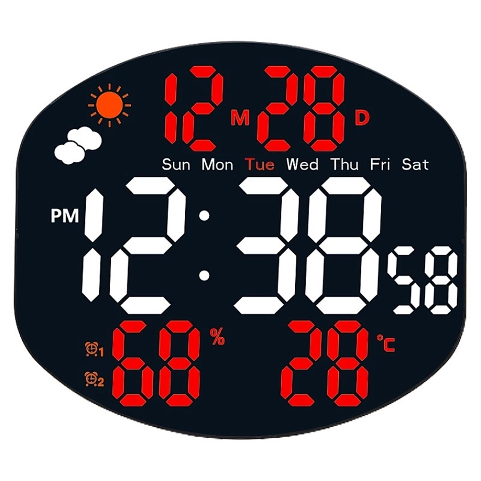 LADFRTYU Atomic Digital Wall Clock Weather Station Large Digital Wall Clock TEMP Humidity Date Week Night Mode Table 2 Alarm 12/24H USB LED(Red)