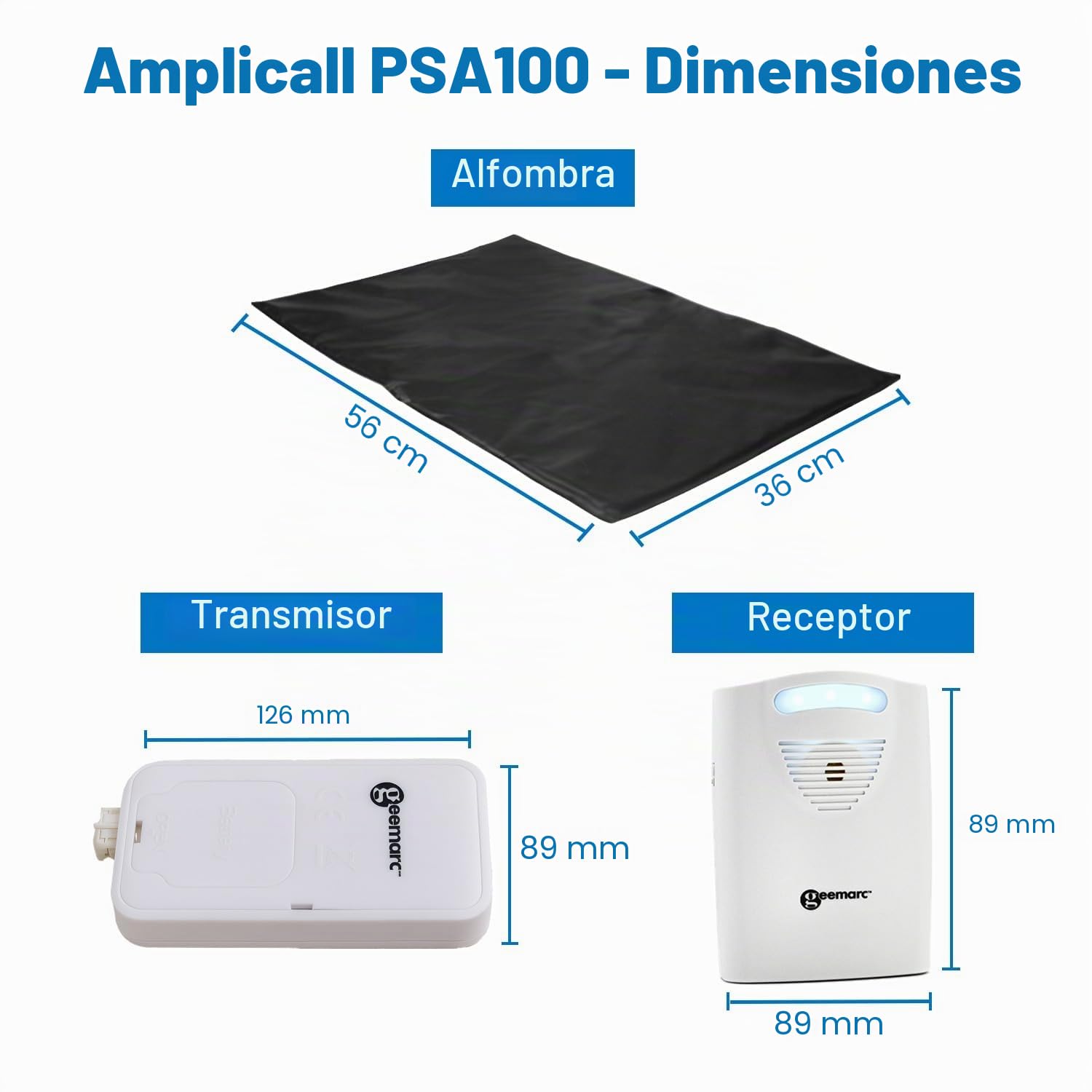 Geemarc Amplicall PSA100 - Alfombrilla Detector de Presencia con Alarma Potente y Flash Luminoso, Ideal para Casas de retiro y hogares con Ancianos