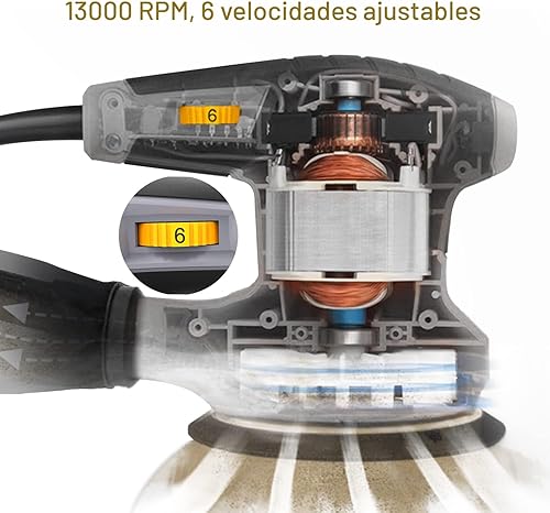 Miniatura 2 de Jellas Lijadora orbital aleatoria de 5 pulgadas con 18 papeles de lija, máquina lijadora de 6 velocidades variables de 13000 RPM, sistema de