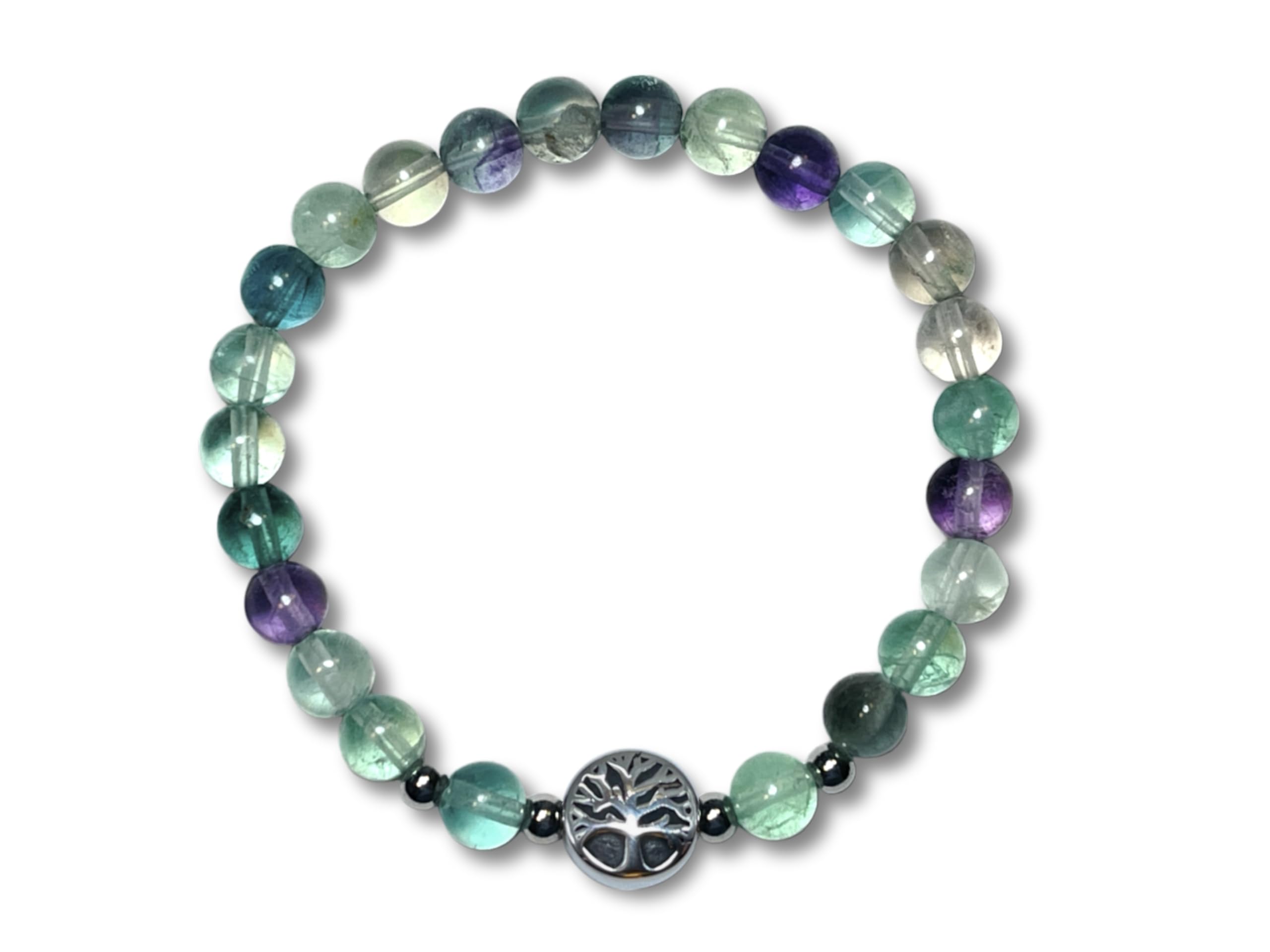 Majas Perlen Fluorit Armband Perlen echt 6mm Lebensbaum Edelstahl Silber oder Gold - Handmade Perlenarmband Intuition Konzentration Lebensfreude - Spiritueller Schmuck Damen Herren Kinder