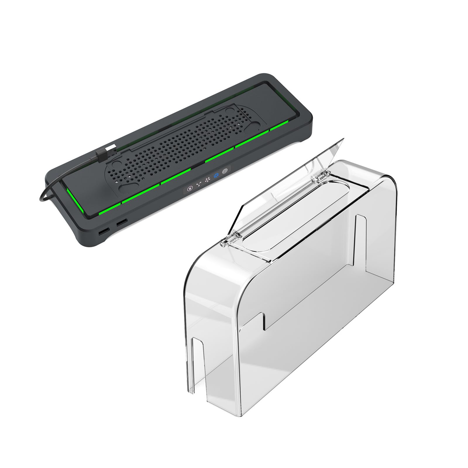 Durchsichtiger Gaming Konsolen Abdeckungsständer mit Kühlventilator, beleuchteter Basis, Desktop Halterung für Spieler Schreibtisch Setup Bereich und Aufbewahrung, Lüfterbasis, Konsolenhalter