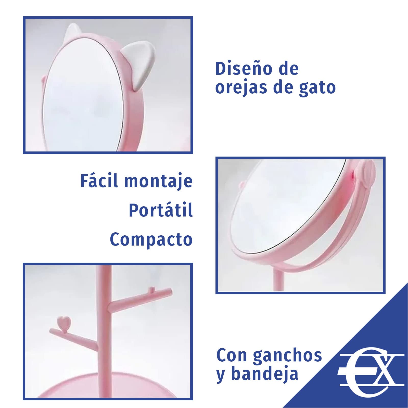 Miroir Coiffeuse Chat EUROXANTY - Miroir Rond à Poser, Design Oreilles Chat, Ø15cm, Blanc, Pour Maquillage