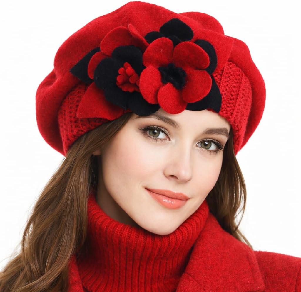 VECRY Lady French Beret 100% Wool Beret Floral Dress Beanie Winter Hat