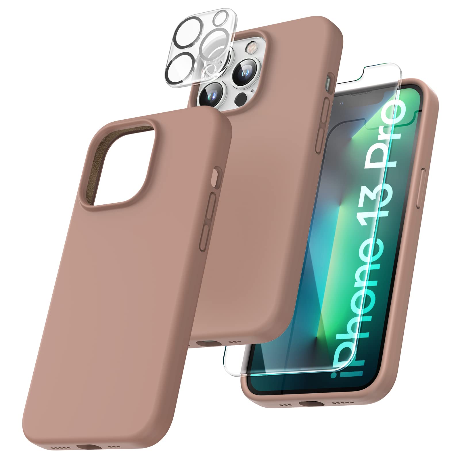 TOCOL 5 in 1 for iPhone 13 Pro Max Case, with 2 Pack Screen Protector + 2 Pack Camera Lens Protector, Liquid Silicone Slim Shockproof Cover [Anti-Scratch] [Drop Protection] 6.7 Inch, Light Brown