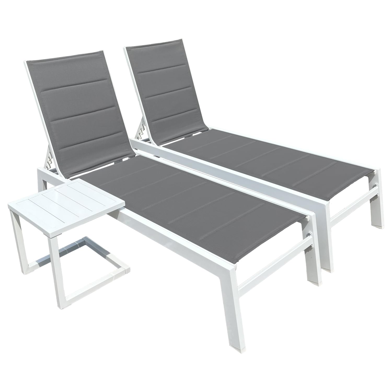 Happy Garden Set 2 Bains de Soleil Barbados en textilène Gris et Aluminium Blanc + Table d'appoint. Transat d'extérieur Multi Position.
