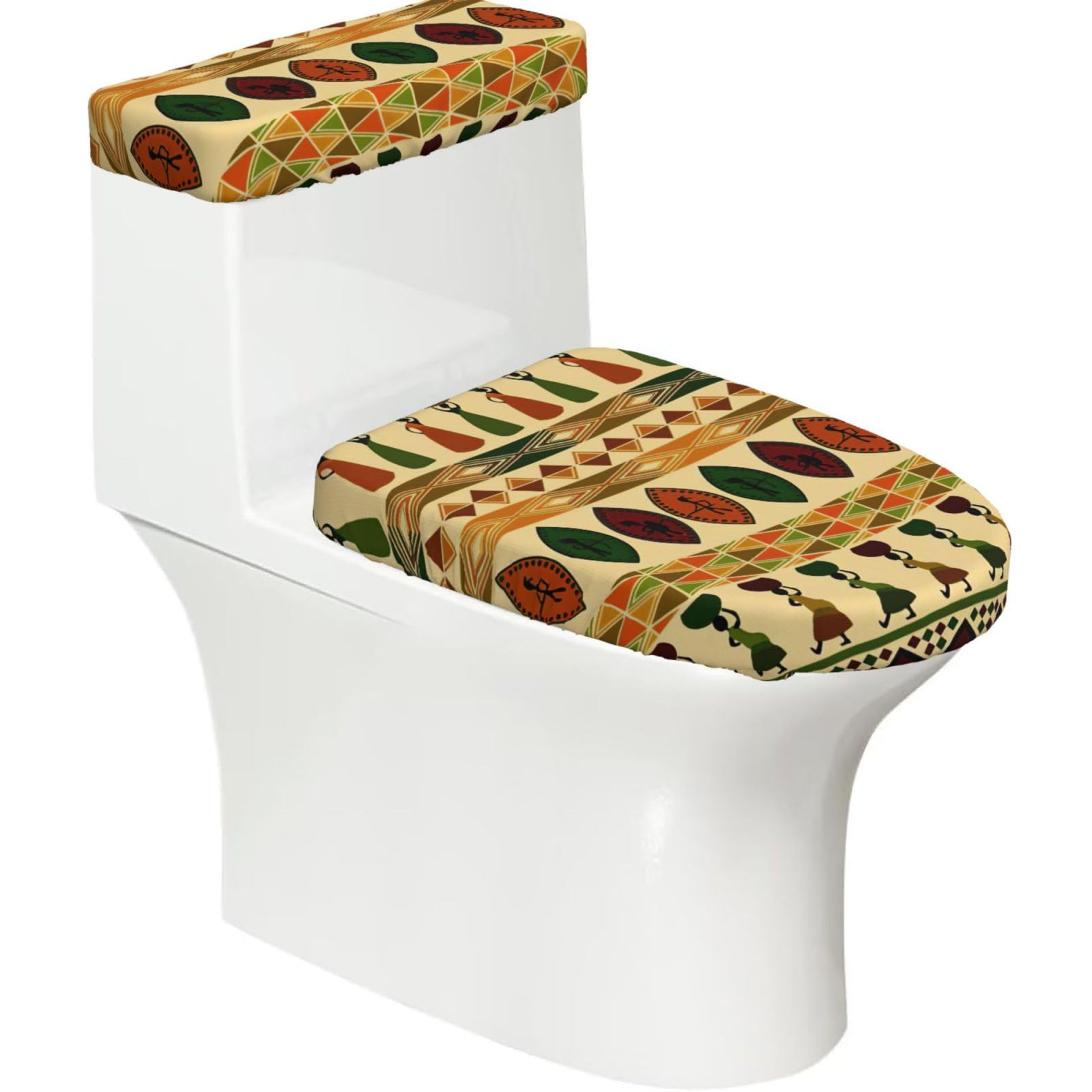 Bohemia Style Traditional African Pattern Print Bathroom Decor Toilet Lid Cover And Tank Covers, Restroom Accessories Fits Most Round