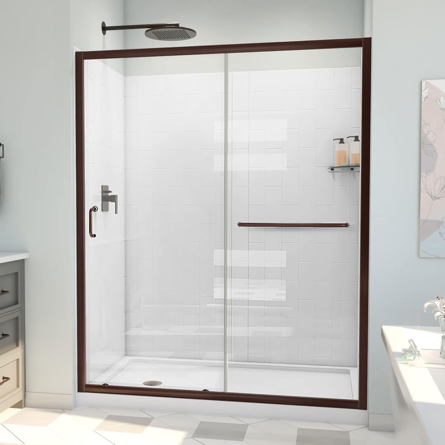 DreamLine Infinity-Z 34 inch D x 60 inch W x 78 3/4 inch H Semi-Frameless Sliding Shower Door in Oil Rubbed Bronze and Clear Glass, Left Drain Shower Base, and Wall Kit in White