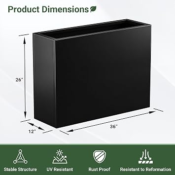 36 Metal Planter Box, Large Rectangular Window Box | with Drainage Holes & Rust-Proof Coating, Modern Outdoor/Indoor Flower Box for Balcony, Patio & Herbs, Black