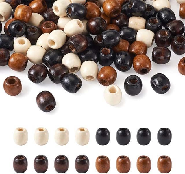 Craftdady 200Pcs Large Hole Barrel Wood European Spacer Beads 4 Colors Oval Wooden Dreadlock Hair Braid Beads for Macrame Rosary Jewelry Craft Making Hole: 8mm