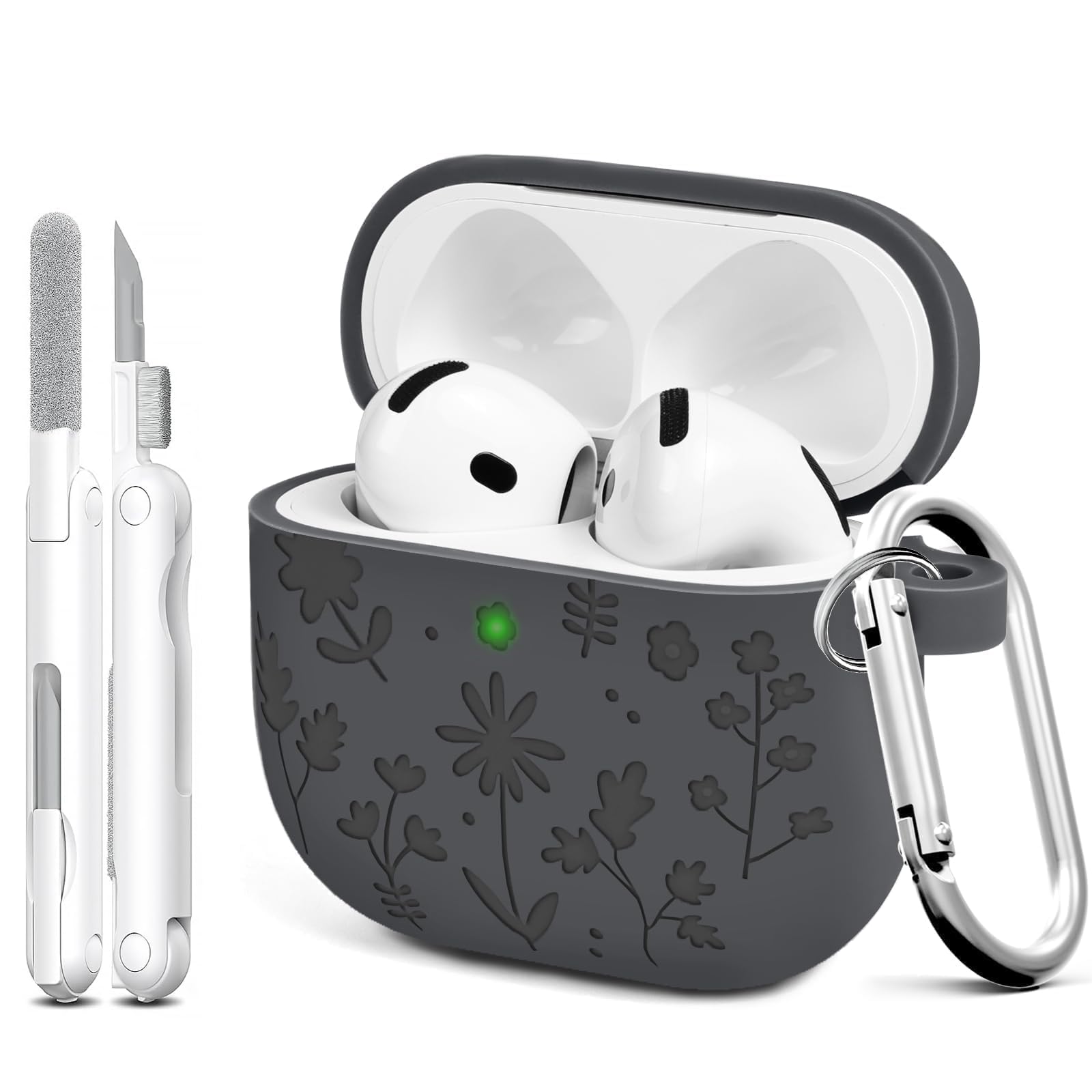 Linsaner for Airpods 4th Case Cover, Cute Flower Engraved Silicone Cover with Keychain, Full Protective Cases for Women, Compatible with AirPods 4th