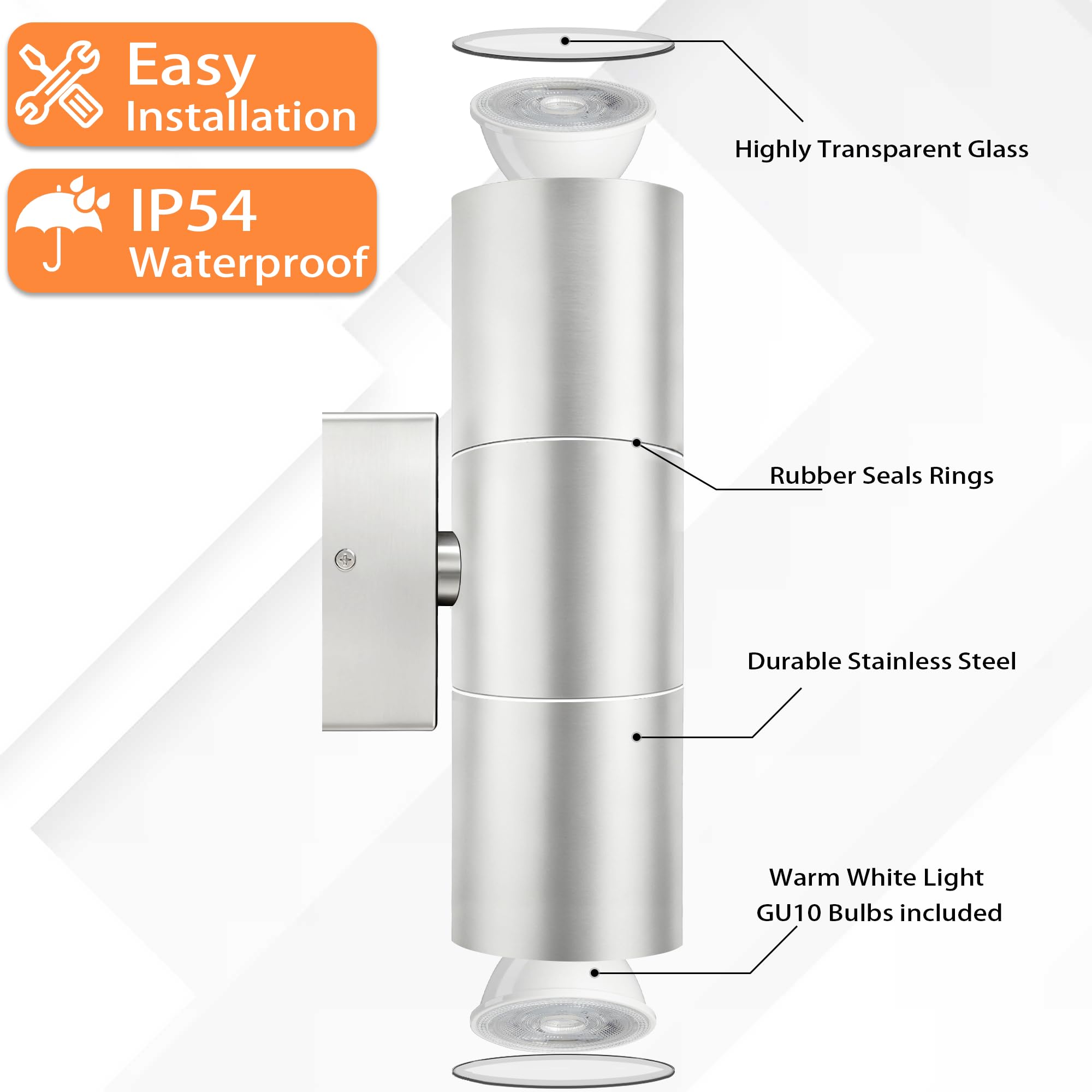 JNR Edelstahl Aussenlampe Wand IP54 Wasserdichte LED Wandleuchte Aussen, Außenlampe Wand inkl. 2 * 5w GU10 3000K Warmweiß Glühbirne, Außenleuchte Wand Up Down LED Aussenleuchte, Silber