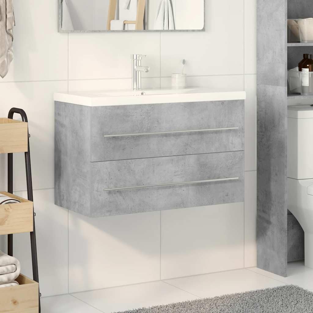 Set Mobili Bagno 2 Pz con Lavabo Sospeso 80cm Grigio Cemento | Arredo bagno salvaspazio sospeso a parete con capiente mobile in legno ingegnerizzato e lavabo in ceramica lucida.