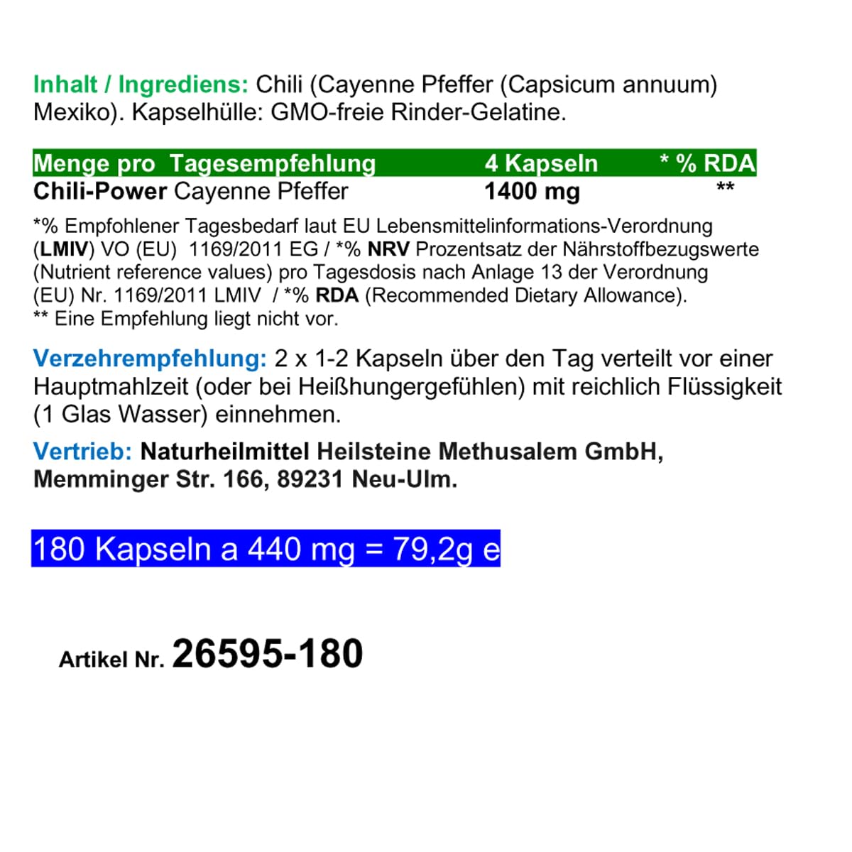 Red Chili Fat-BURNER CAPSAICIN Cayennepfeffer 180 Kapseln BAUCH BEINE PO "Fettbrenner" POWER-Diät Unterstützung & (Fett) Stoffwechsel. OHNE Zusatzstoffe 26595-180