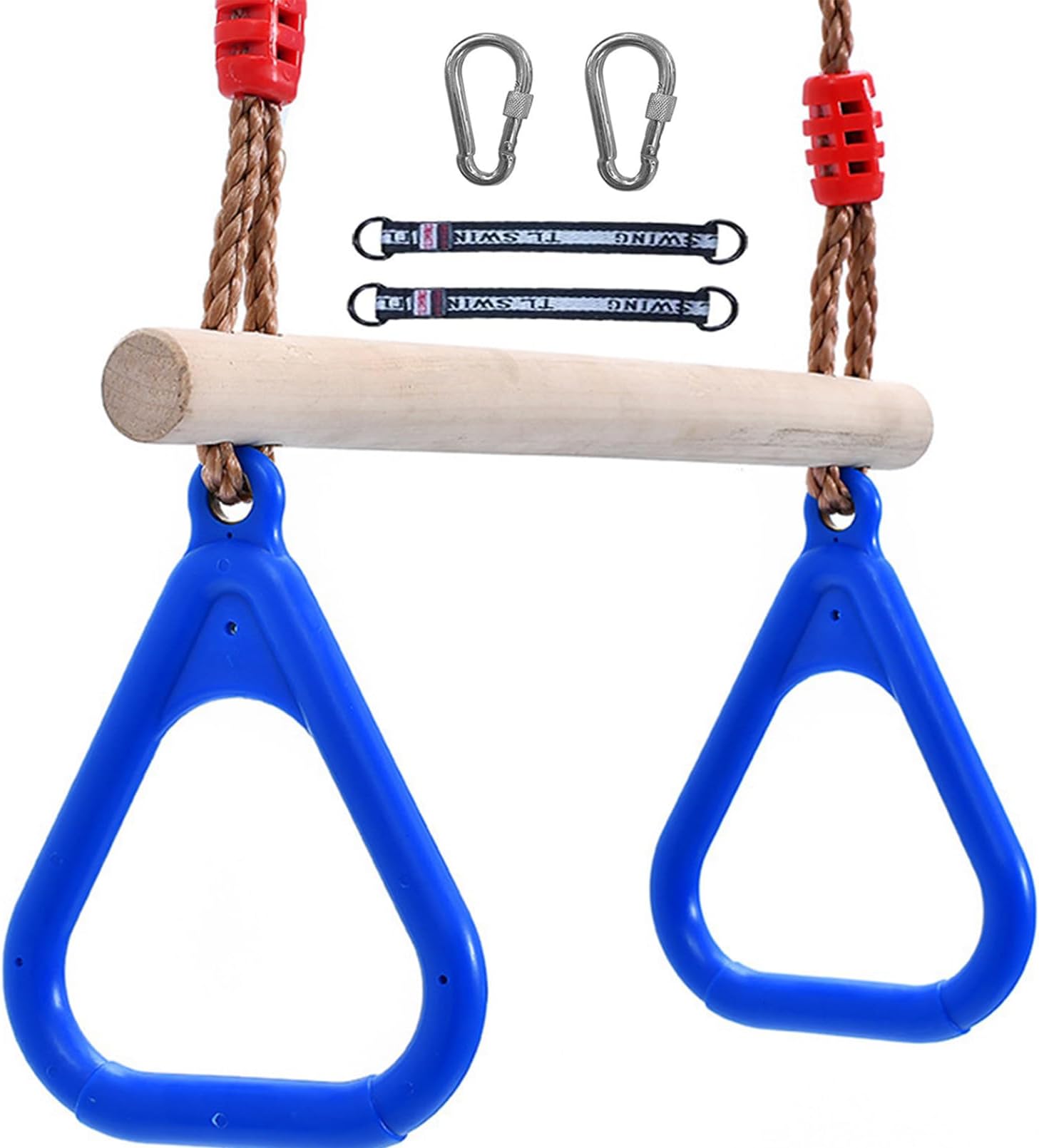 SOOFAM Trapeze Swing Bar Rings, Wooden Trapeze Bar for Kids with Adjustable Rope, Locking Straps, Indoor & Outdoor Swing Set Playground Accessories