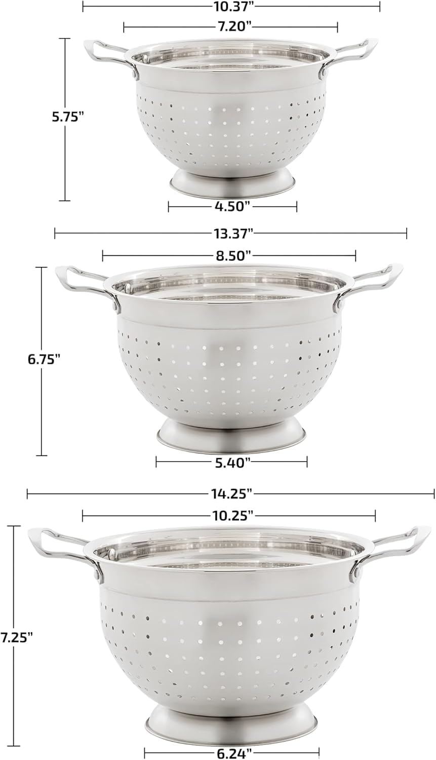 OVENTE Premium Stainless Steel Colander Set of 3 with Comfortable Large Handles, 1.5, 3, 5 Quarts Essential Kitchen Strainer for Draining Spaghetti Pasta, Rinsing Vegetables or Fruits, Silver C46263S