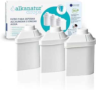 Alkanatur Filter Replacement for Pitcher Pack of 3 - Removes Fluorides, Chlorine, Heavy Metals - Filters 400 liters of Tap Water - Replace After 3 Months - CE, ROHS, SGS Certified Water Filter