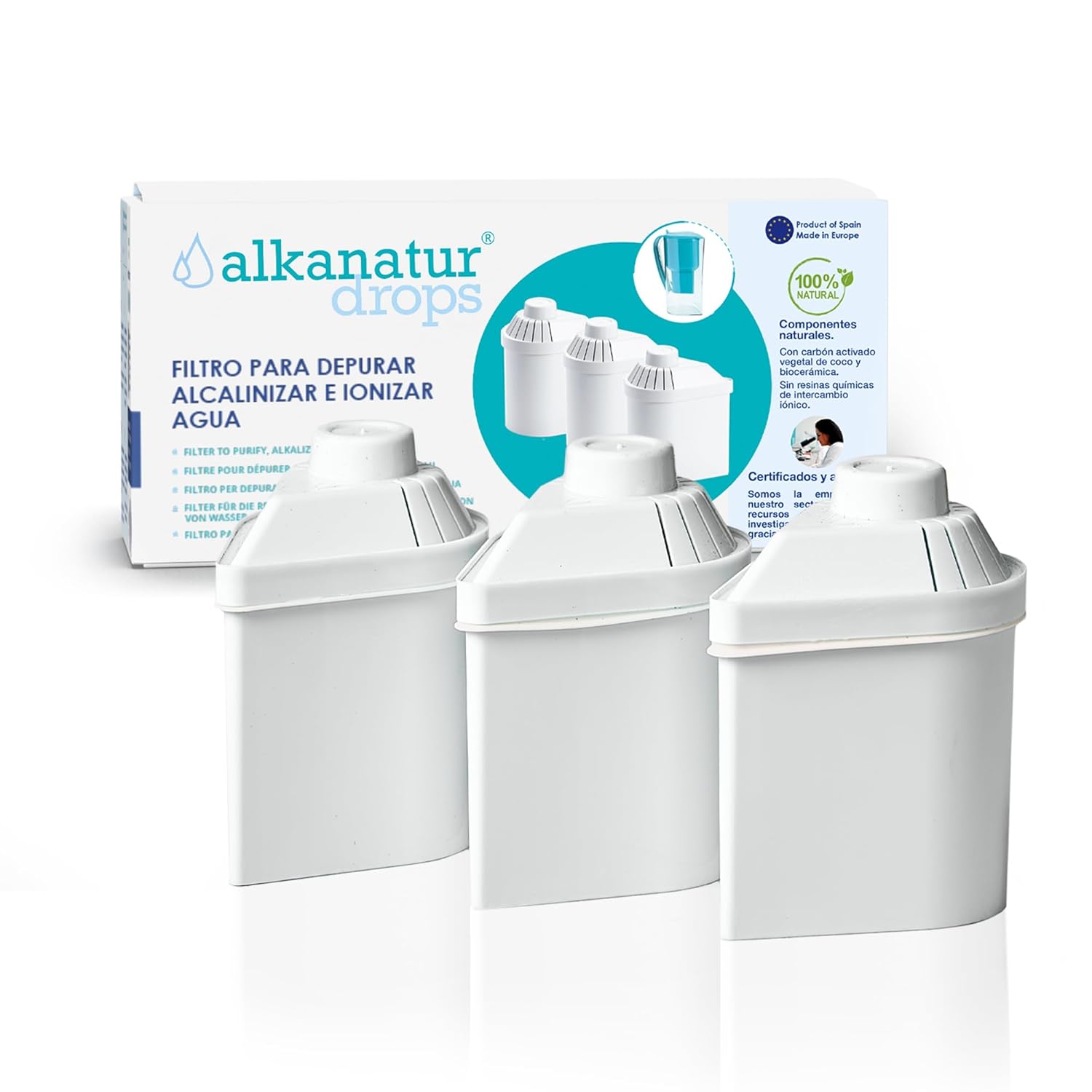Alkanatur Filter Replacement for Pitcher (Pack of 3) - Removes Fluorides, Chlorine, Heavy Metals - Filters 400 liters of Tap Water - Replace After 3 Months - CE, ROHS, SGS Certified Water Filter