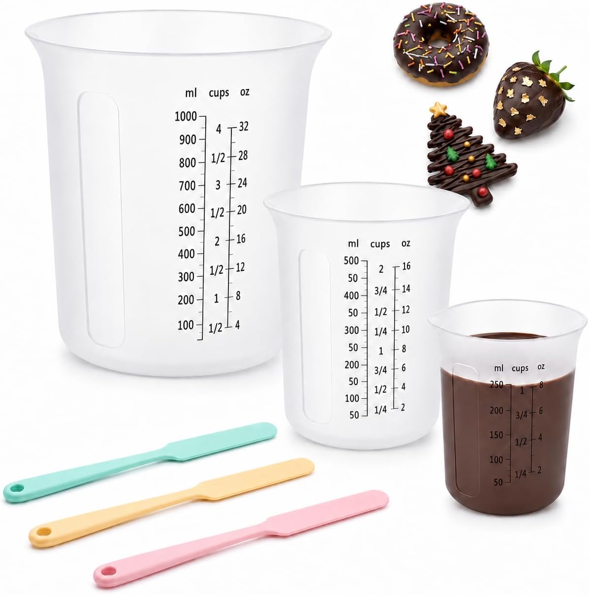 Silicone Measuring Cups Set, 3 Pcs Liquid Measuring Cups with 3 Spatulas