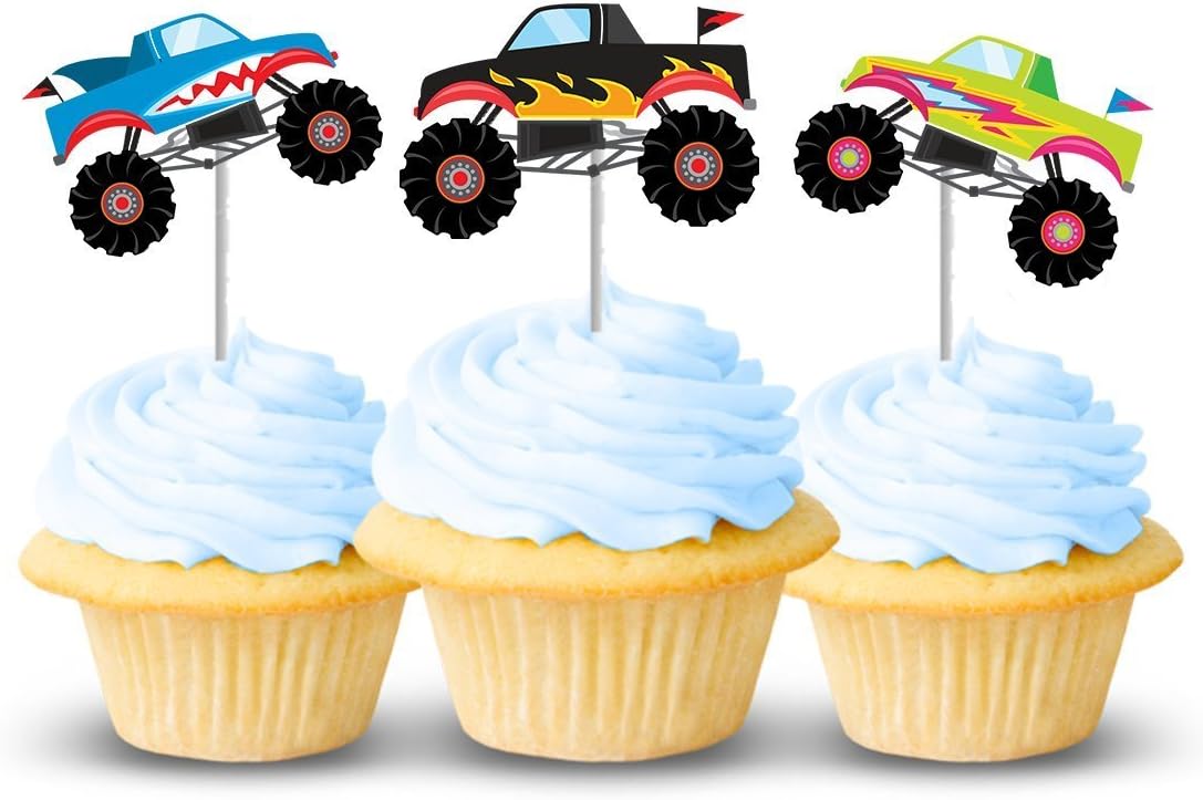 Monster truck cupcake toppers 12 ct - Thick Card-stock toppers - Great for boy birthday parties or celebrations
