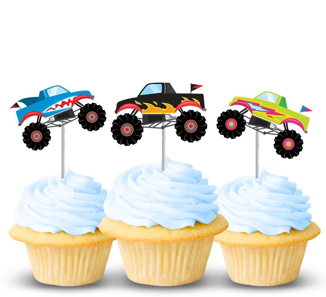 Monster truck cupcake toppers 12 ct - Thick Card-stock toppers - Great for boy birthday parties or celebrations