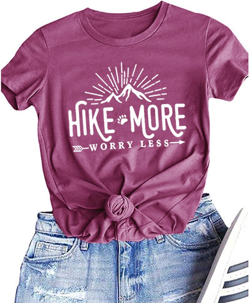 Hiking Shirt for Women Adventure Mountain Graphic Athletic Shirts Funny Hike More Worry Less Tee Tops