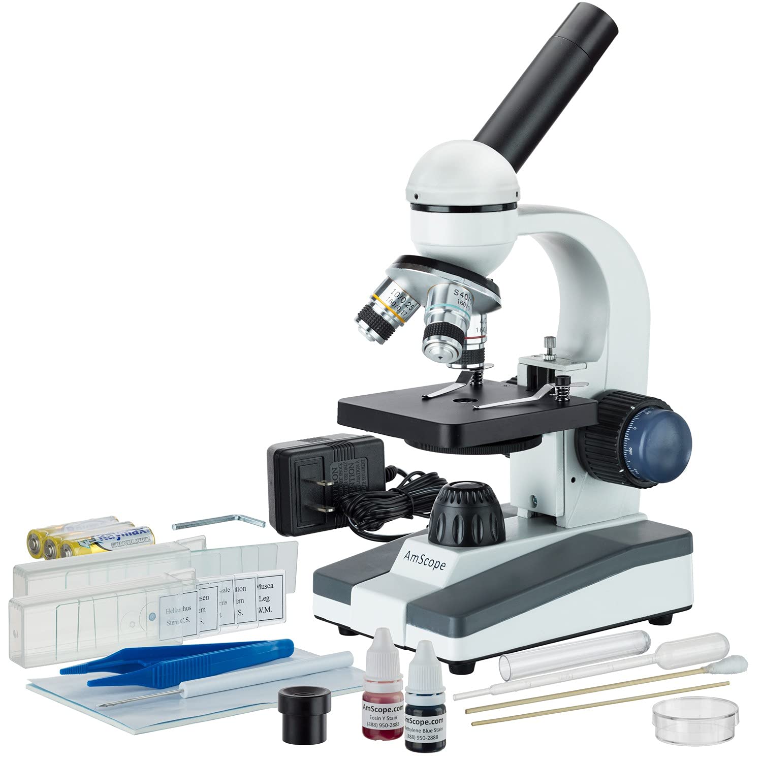 AmScope M150C-SP14 40X-1000X Portable Student Microscope with Slide Preparation Kit