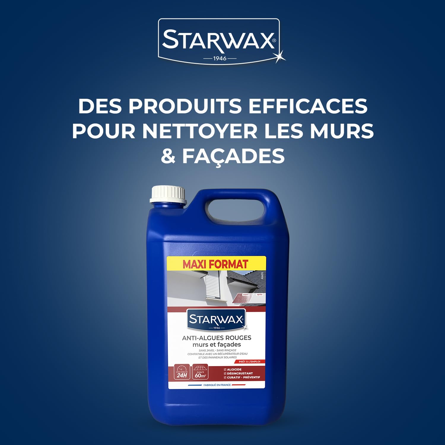 STARWAX Traitement anti-algues rouges prêt à l'emploi pour murs et façades 6L, élimine les dépôts biologiques en profondeur, action dès 24h même sous la pluie, sans javel et sans rinçage, ne tache pas