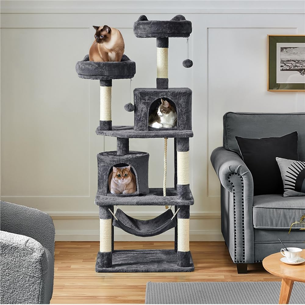 Yaheetech Albero Tiragraffi per Gatti Adulti Grandi Medi con Giocattolo Gioco Palle in Corda Sisal Naturale 61 x 49 x 158 cm Grigio Scuro