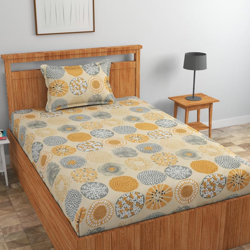 Image of NEW LEAF Pure Cotton 220 tc Flat Single Bedsheets for Summer Breathable | Wrinklefree | Super Soft (Size-60 X 90 Inch) with 1 Pillow Covers (Size-17 X 27 Inches, Floral, Cream Grey