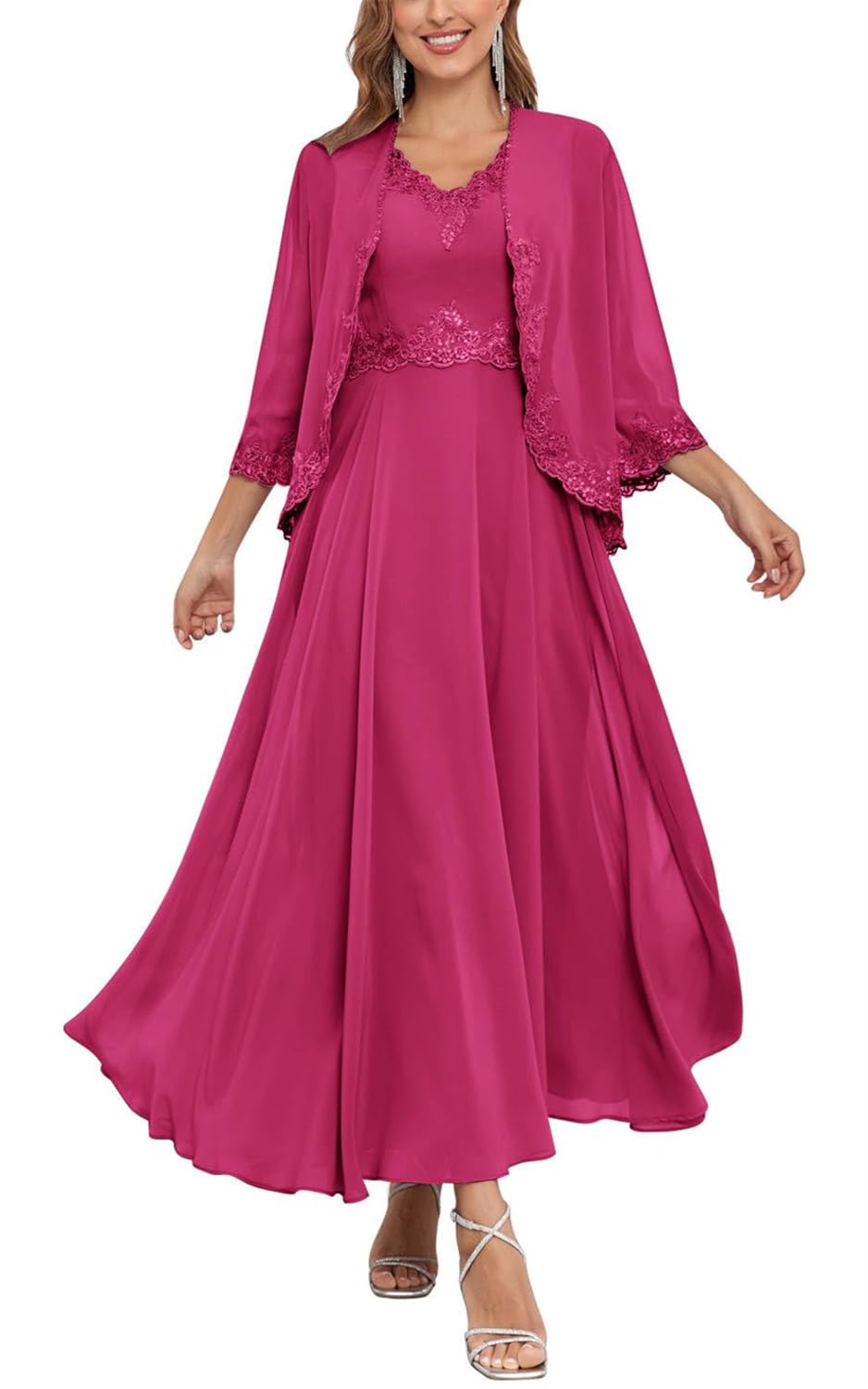 Kurface Women's Hot Pink 2 Pieces Mother Of The Bride Dresses For Wedding With Lace Applique Chiffon Mother Of Groom Dress Uk18