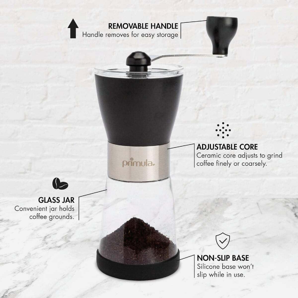Primula Molinillo de café manual ajustable para fresas, molino de cerámica y cuerpo de acero inoxidable cepillado, grano entero para prensa francesa, cerveza fría, espresso, camping