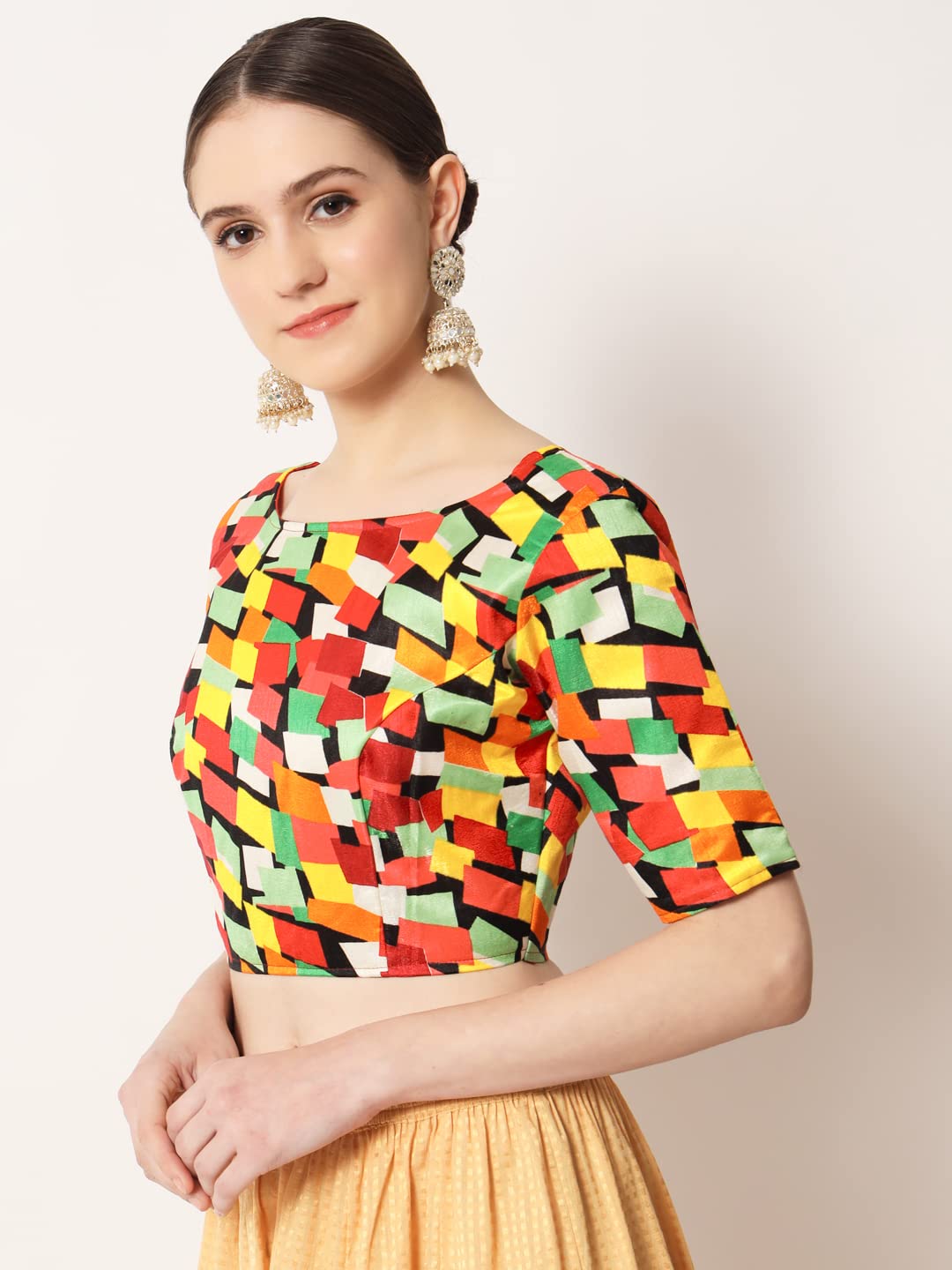 Pujia Mills Women's Blouse Printed Blouse Elbow Length Boat Neck Blouse Readymade Blouse Saree Blouse (Abstact Orange 38) (40)