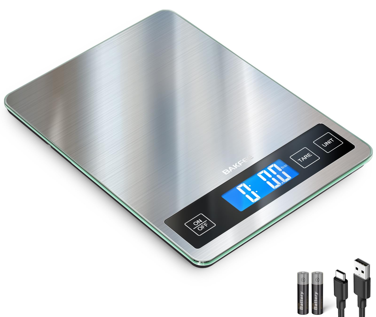 BAKFEE Food Scale, 33lb Digital Kitchen Scale with Stainless Steel & Tempered Glass, USB Rechargeable, 1g / 0.1oz Precise Graduation with Grams and Ounces, for Cooking, Baking, Weight Loss, Meal Prep