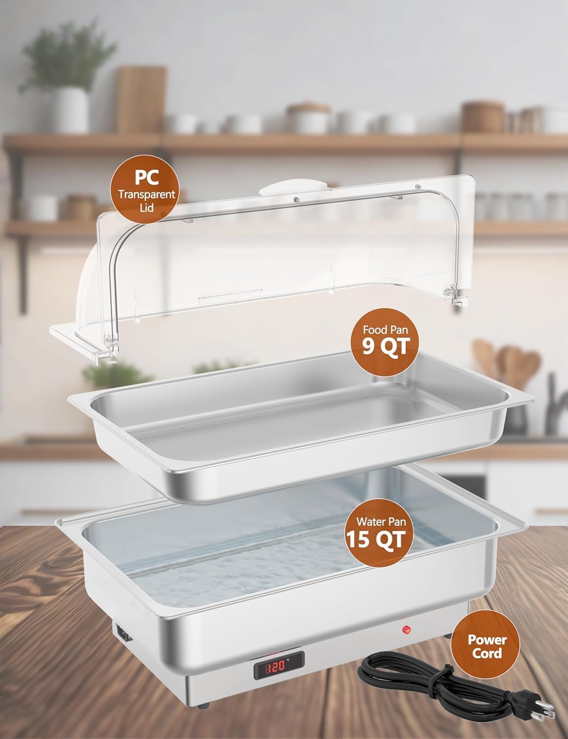 London Boutique Chafing Dish Elettrico per Buffet - Scaldavivande da Catering in Acciaio Inox con Coperchio Roll Top Trasparente - Termostato, 600W - 1x GN 1/1 + 2x GN 1/2 - Standard europeo 220V,