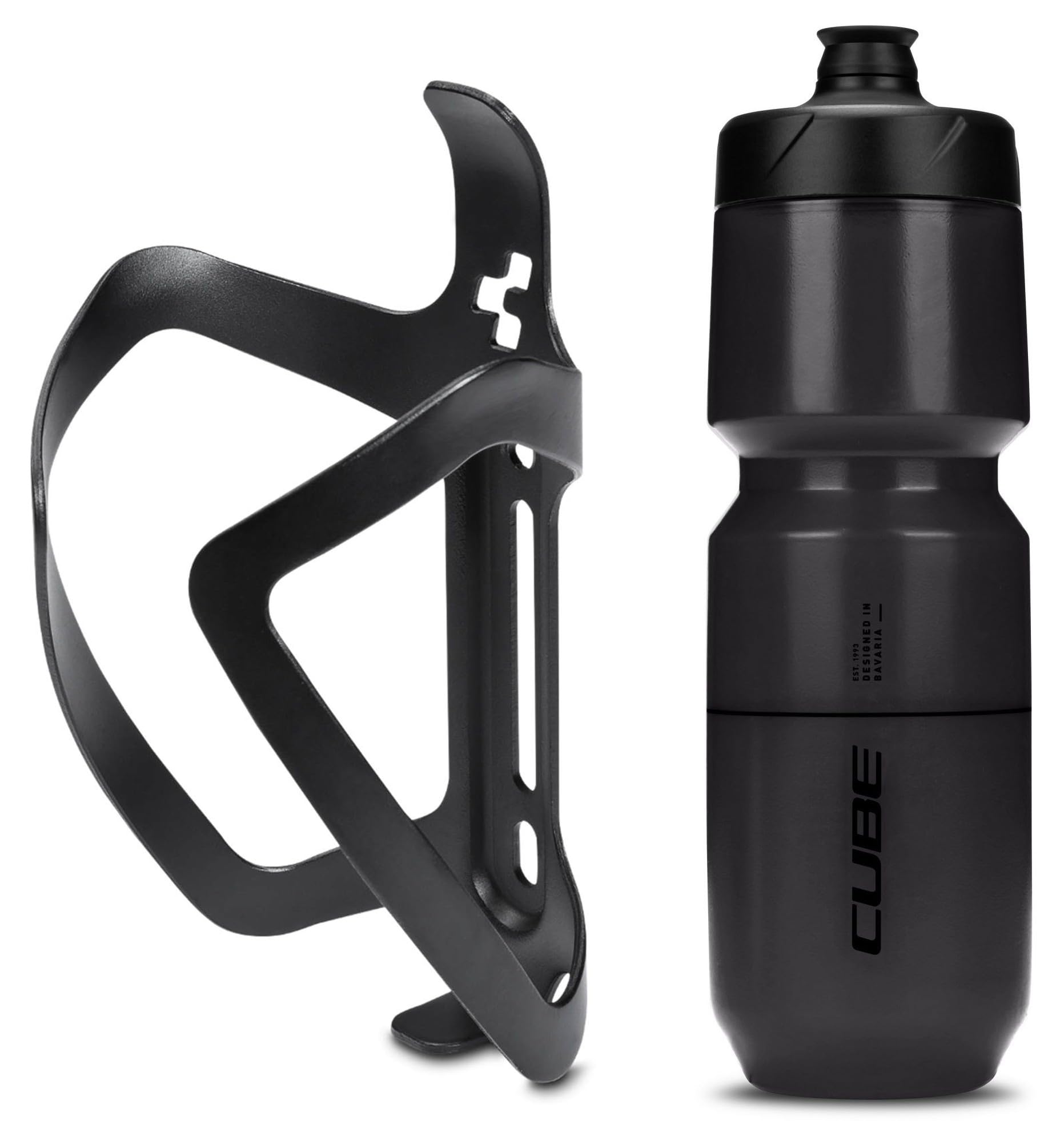 Cube HPA Anodised Top Loading Cage - Black & Flow Bottle - Black, 750ml / Alloy Lightweight Bicycle Cycling Cycle Bike MTB Mountain Road Water Drink Flask Bidon Bracket Mount Holder HPP Accessories