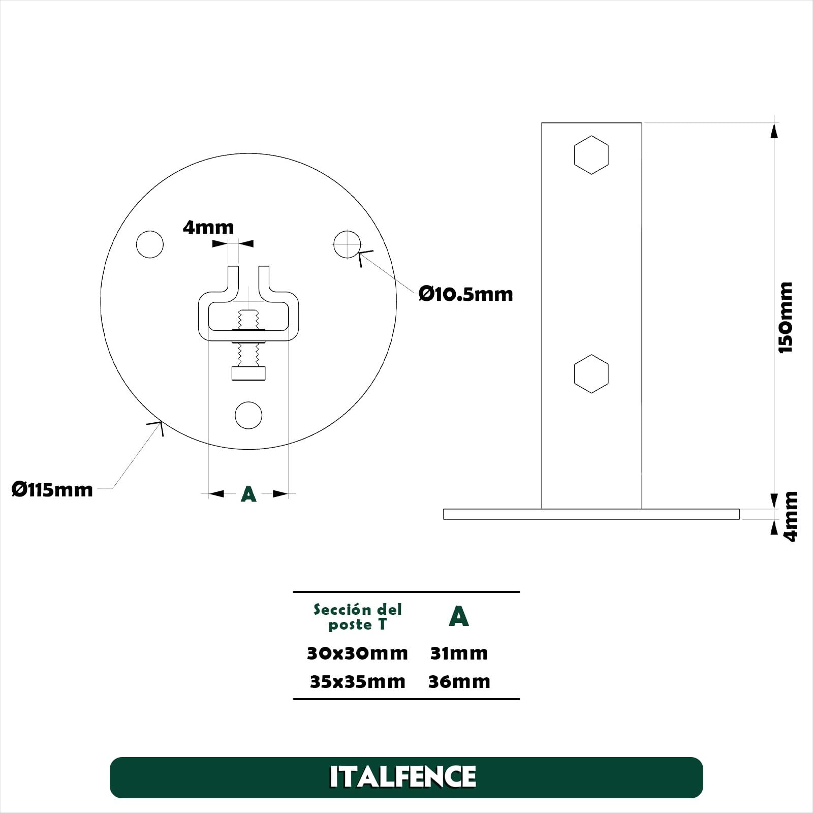 Base para poste T 30x30mm, acero plastificado [5 piezas]