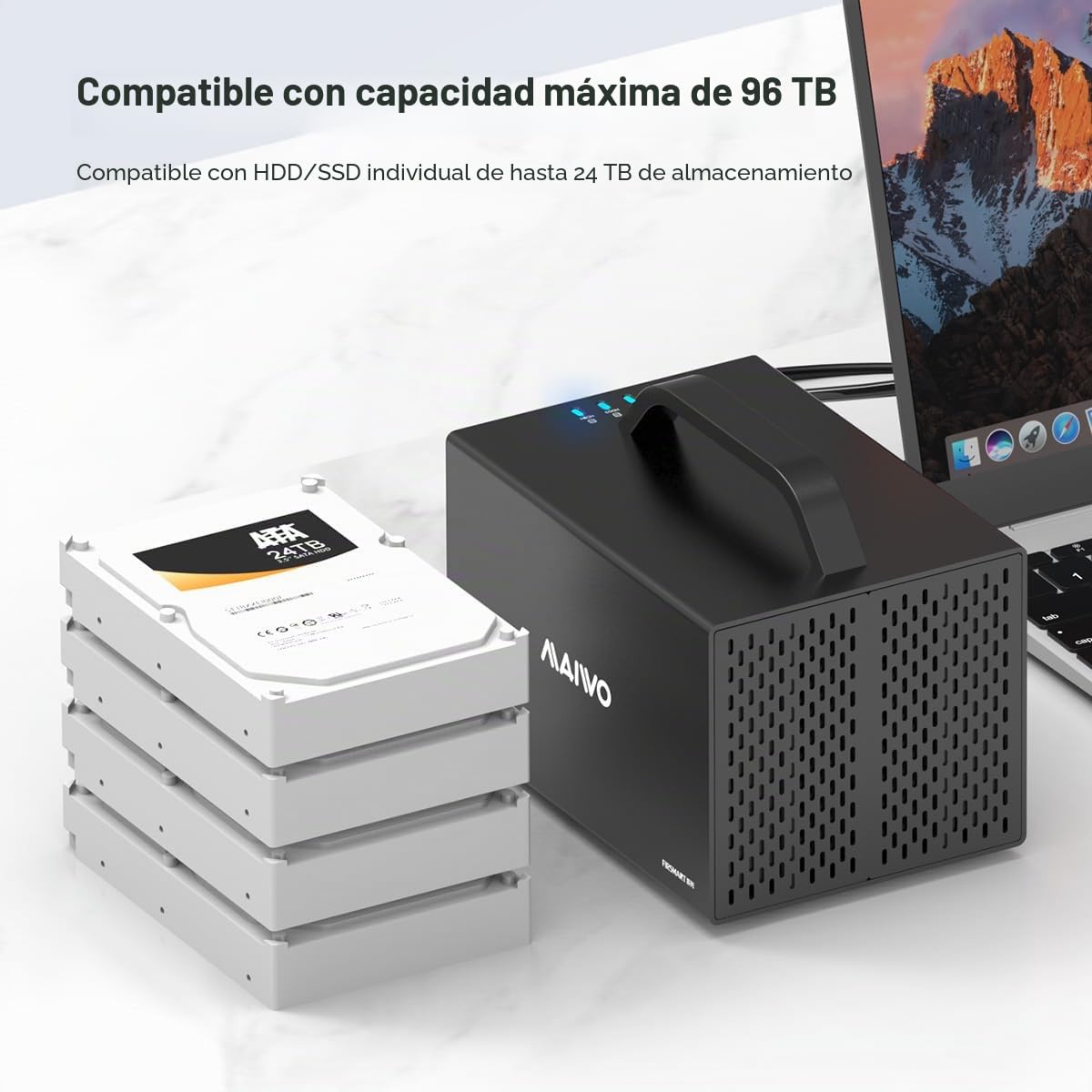 MAIWO Caja de Disco Duro de 4 bahías para Disco Duro SATA de 3.5 Pulgadas con Dos Ventiladores, Carcasa HDD de 4 bahías con Puerto HD-MI 4K, expansión de 88 TB, Interruptor de alimentación de Disco