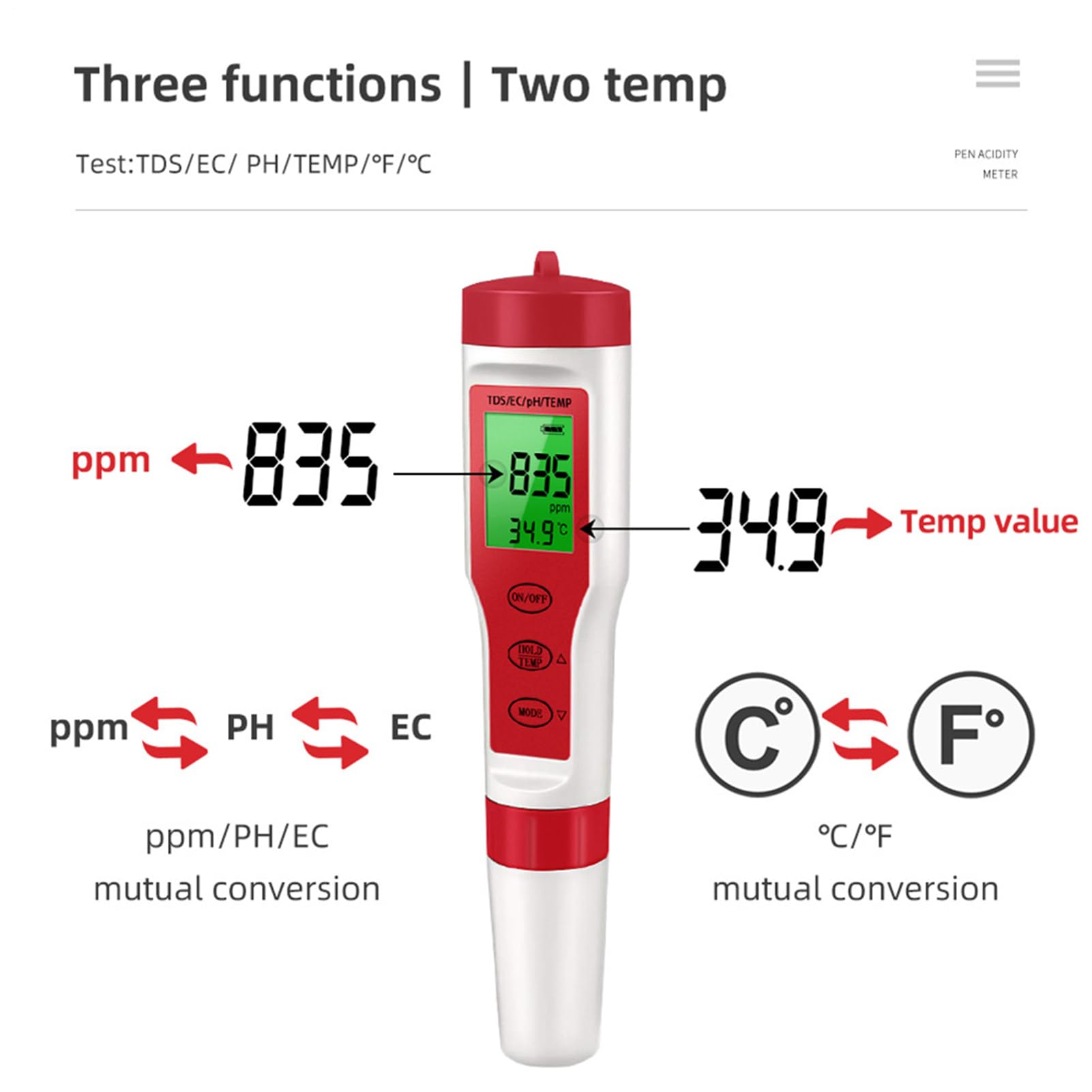 Misuratore digitale di pH per acqua, strumento di prova di pH, temperatura,