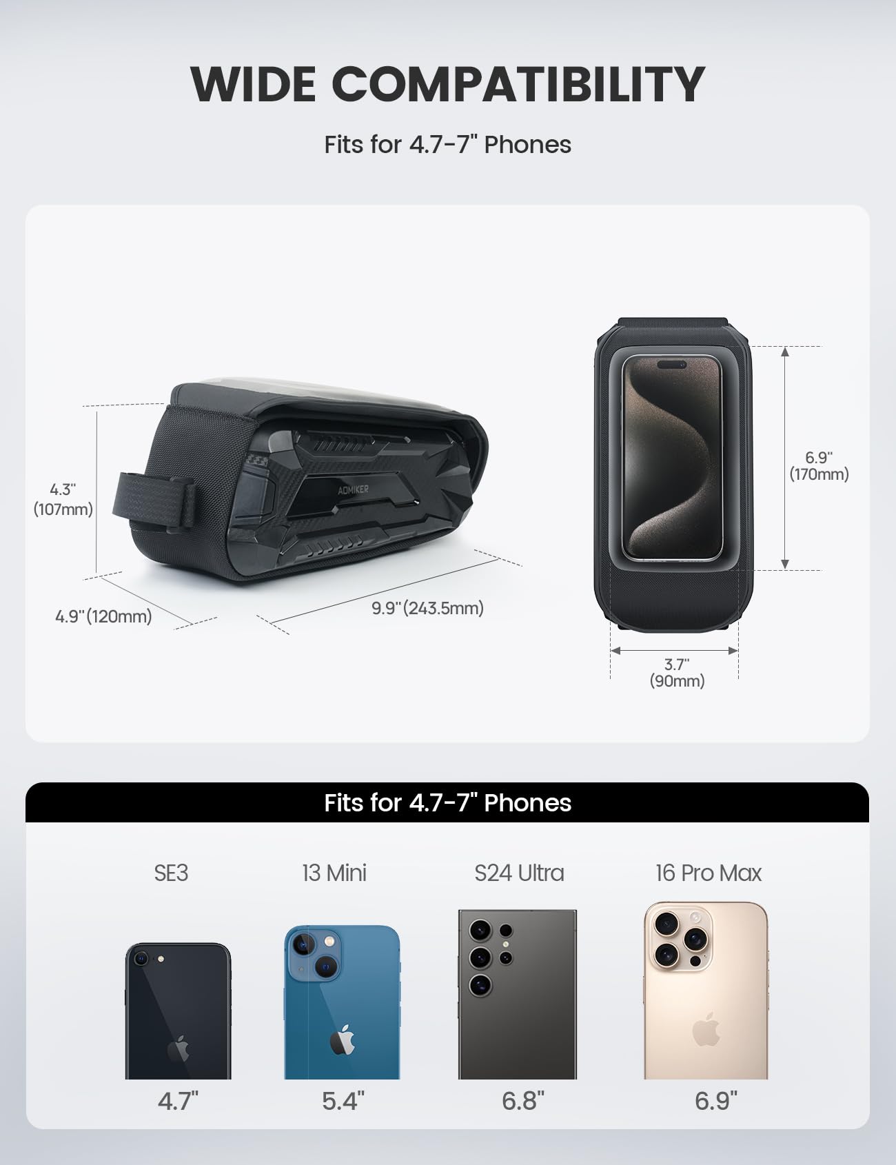 Aomiker Sac étanche pour cadre de vélo – [Fermeture éclair rapide 2025] Sac de téléphone pour vélo d'une capacité de 1,8 L, sac de tube supérieur de vélo, support de téléphone pour vélo, pochette de